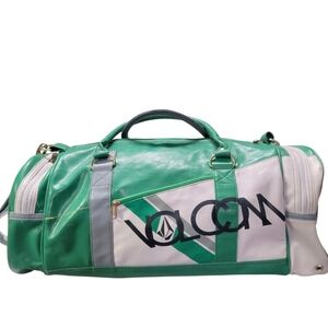 Vintage Rare Leather Volcom Duffle Bag Green White Gray Skater Weekend Street